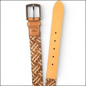 Tommy Bahama Mens 38 Woven Leather Belt Braided Two Tone Brown Tan Preppy Resort